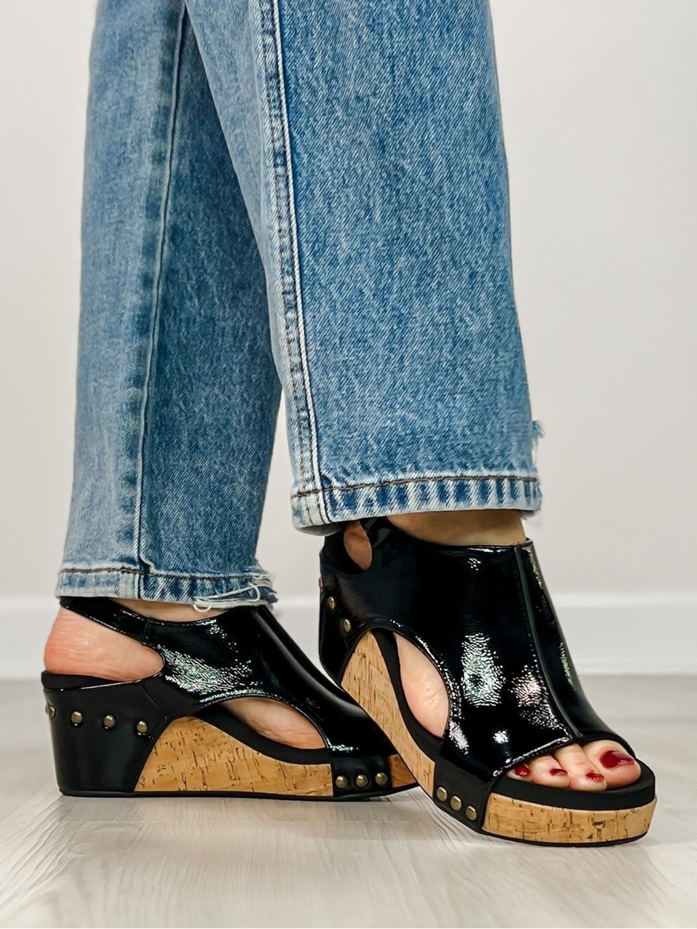 Corkys Carley Wedges in Black Crinkle Patent